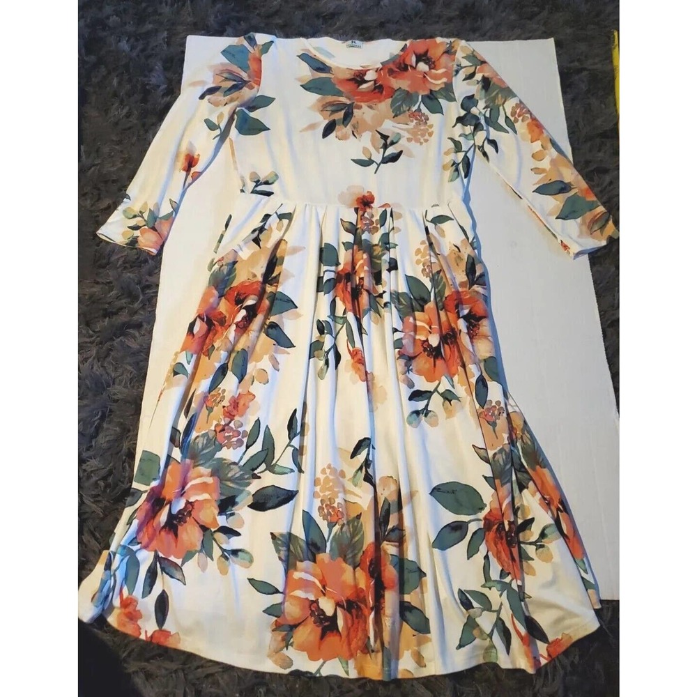 Jessake Floral Long Sleeve Jersey Knit Knee Length Pocket LG Cottage Core Dress
